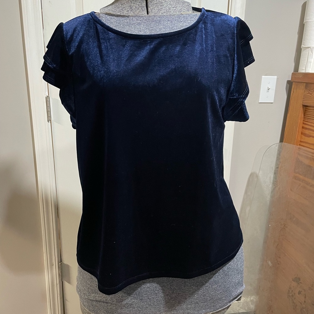 Halogen Navy Velvet Flutter Sleeve Blouse - Large